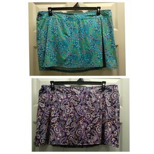 Lands' End Size 20W Lot of 2 Patterned Swim Skirts Blue Floral Purple Paisley